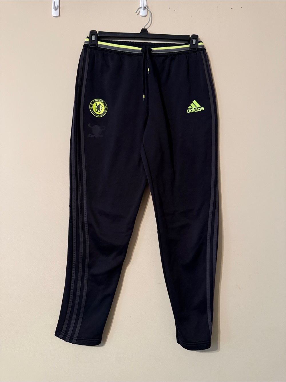 adidas men’s Chelsea Football Club Black Joggers with Neon green Accents